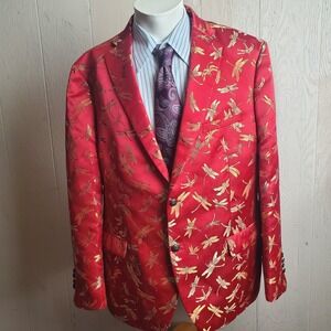 Tallia Blazer Men 48 Red Dragonfly Slim Fit Jacquard Dinner Jacket Metal Button